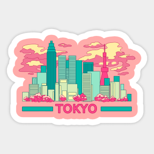 The colorful Tokyo skyscrapers and the cherry blossom Sticker